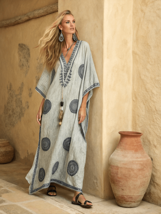 Linen Printed Kaftan Maxi Dress