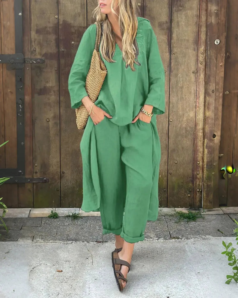 Solid Color Irregular Length Top & Pants Two-Piece Set
