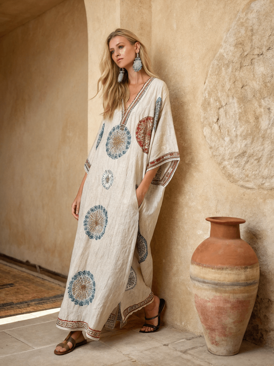 Linen Printed Kaftan Maxi Dress