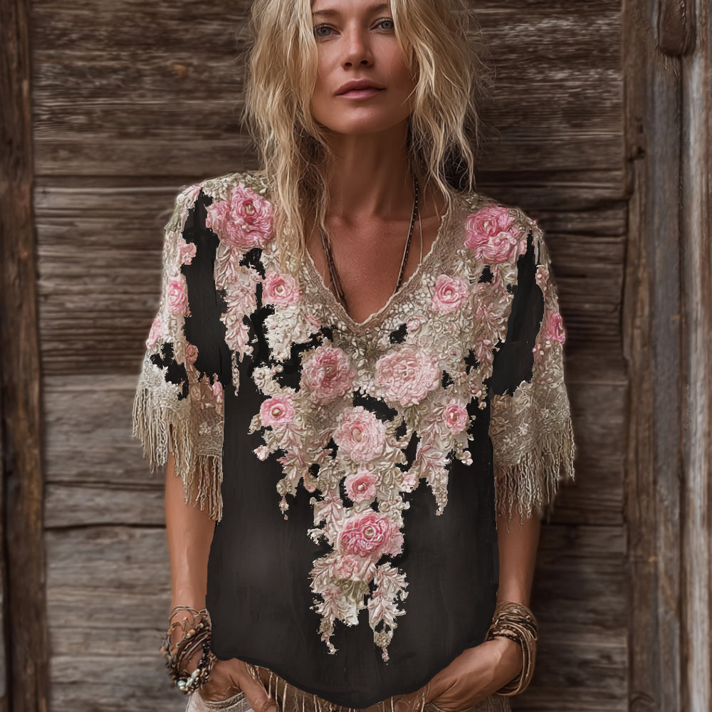 Women's Rose Flower V-neck Vintage Linen Short-sleeve Shirt