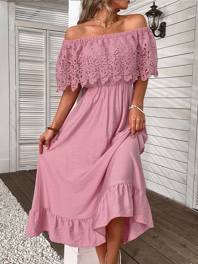 Women'S Casual Solid Color Splicing Lace Ruffle Dress