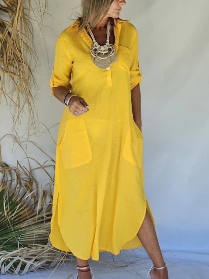 Women's Casual Solid Color Lapel Three-quarter Sleeve Button Cotton and Linen Dress