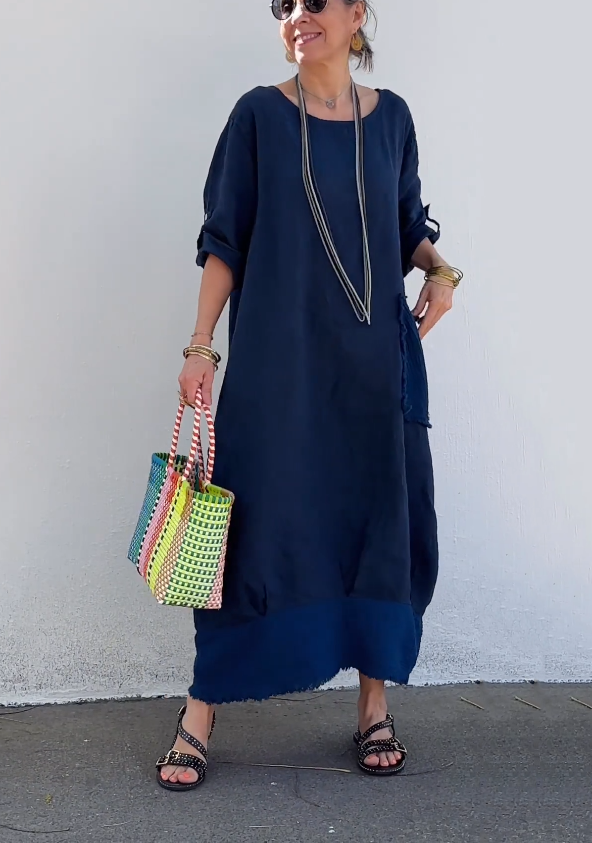 Oversized Linen Maxi Dress with Fringe Hem & Patch Pocket