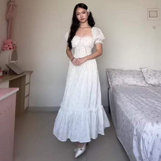 New Summer Slimming Fashion Tea Party Lace Square Neck Elegant Puff Sleeve Dress for Women
