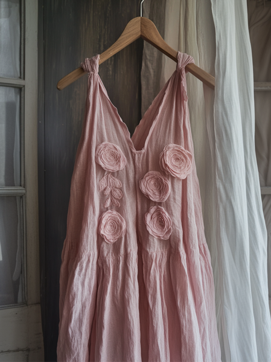 Vintage Elegant Fashion Rose Pattern Linen Vest Dress