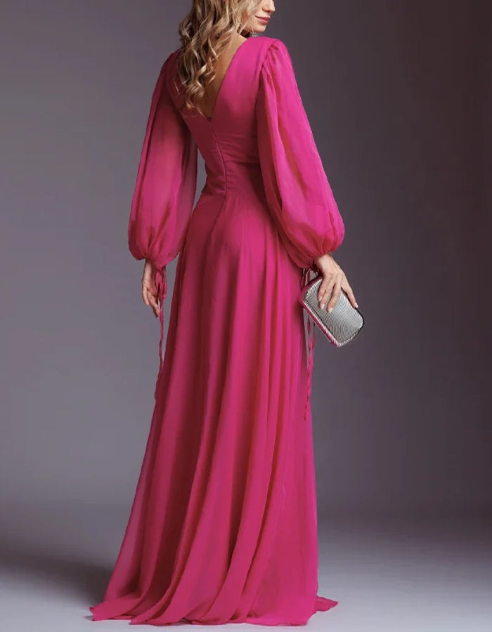 Flower Pleated Chiffon Wedding Dress Long Buff Sleeve Flowy V-neck Maxi Dress