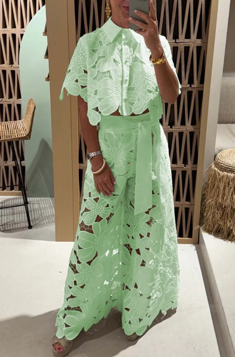 Solid Color Lace-Up Knit Top & Wide-Leg Pants Two-Piece Set