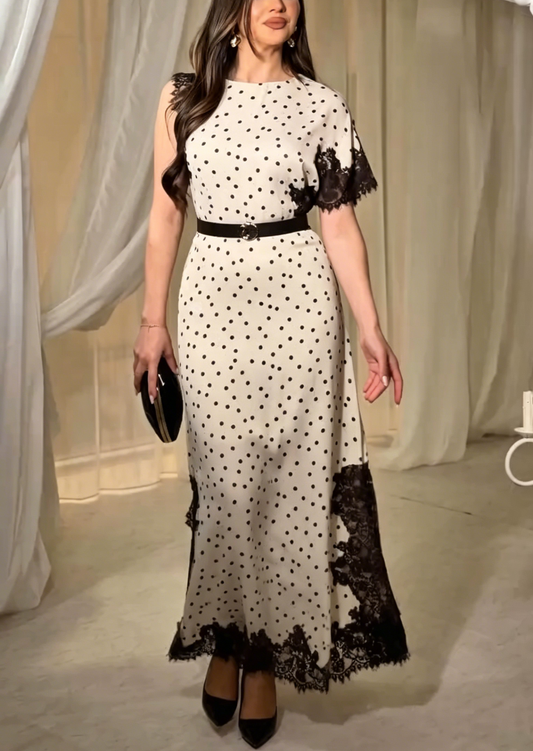 Cream Polka Dot Maxi Dress with Black Lace Trim