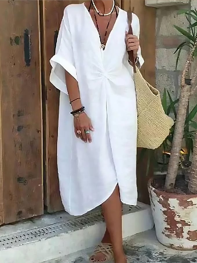 Women's Cotton And Linen Multi-layered V-neck Dress