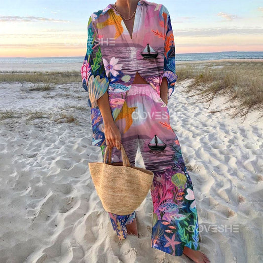 Women's Underwater World Printed Shirt & Pants Two-piece Set