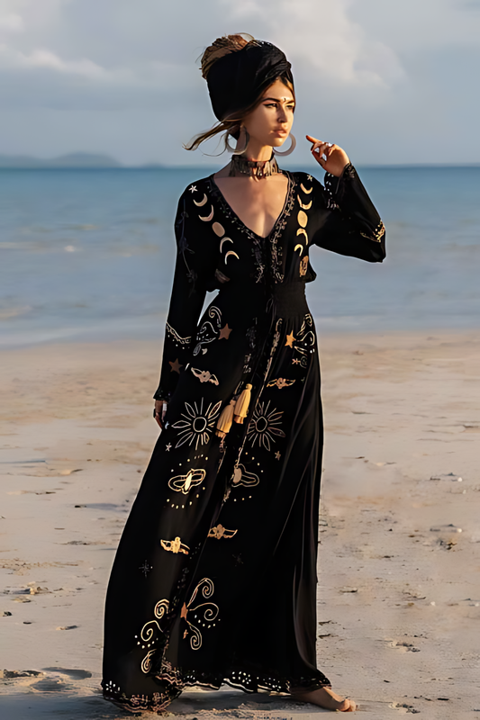 Bohemian Style Tie-Waist V-Neck Button Front Maxi Dress