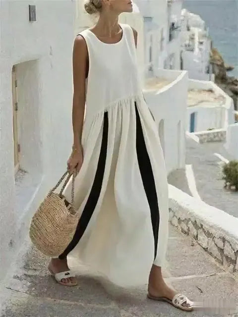 Women'S Casual Round Neck Contrast Color Cotton And Linen Holiday Dress