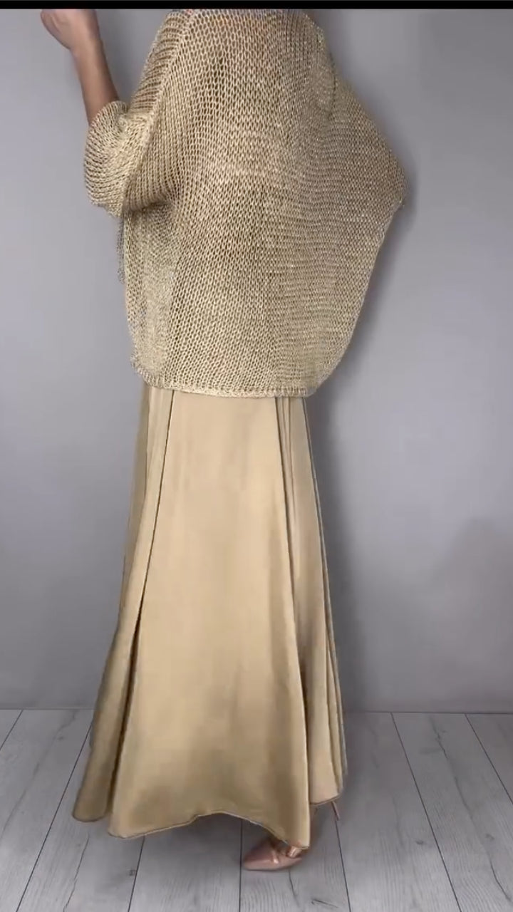 Gold Open Knit Cropped Sweater with Satin Maxi Skirt Set