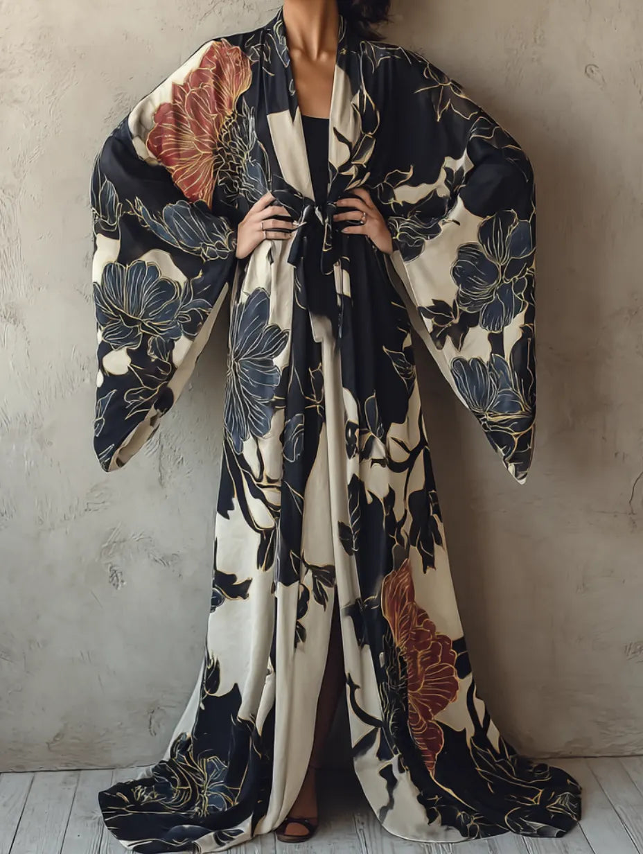 Women's Blue Peony Kimono Linen Robe (Including Belt)