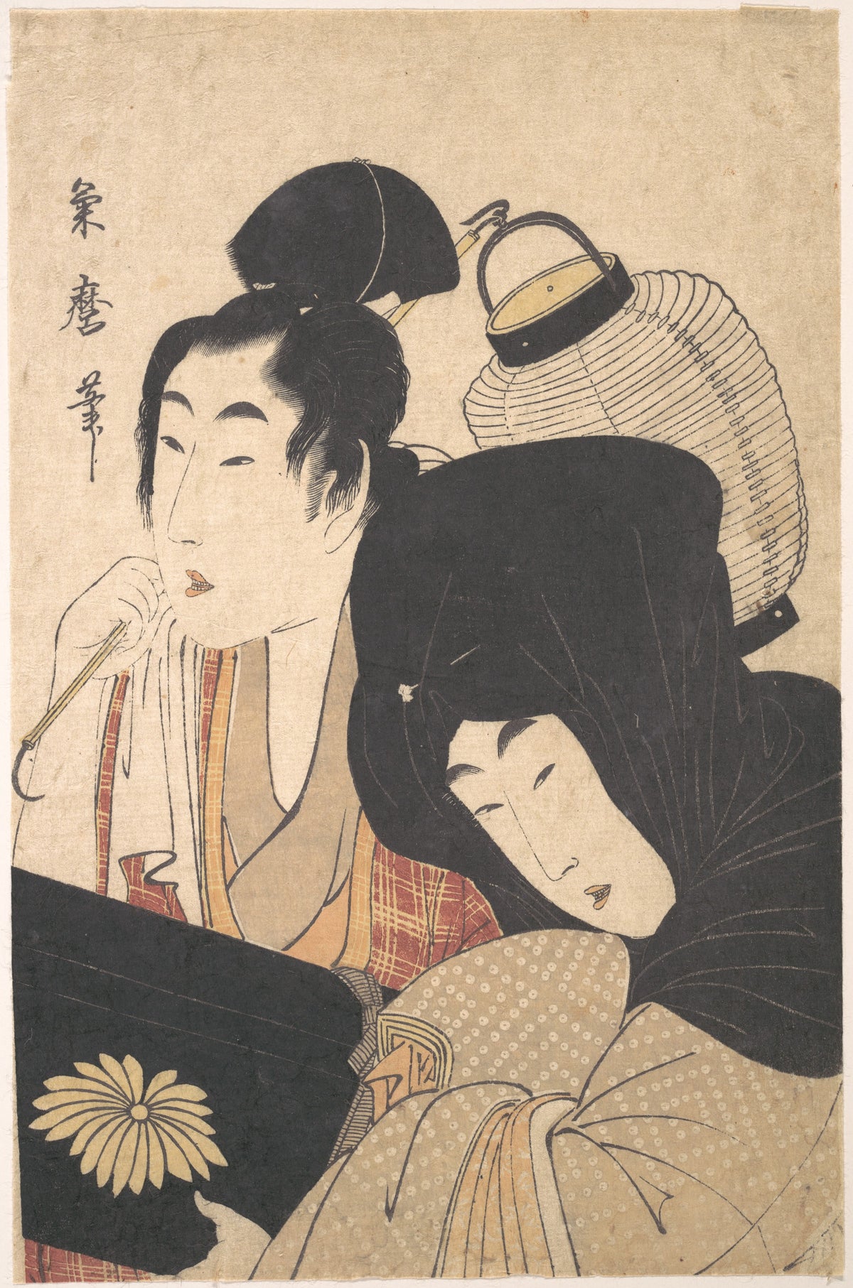 Young Woman at Night accompanied by a Servant Carrying a Lantern and a Shamisen Box by Kitagawa Kikumaro - Ukiyo-e canvas print