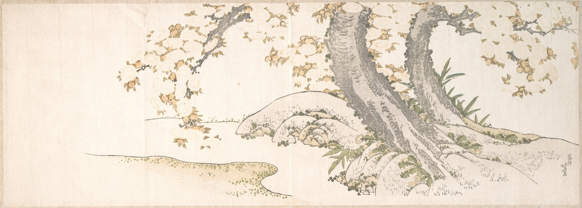 Blossoming Cherry Trees by a Stream by Katsushika Hokusai - Ukiyo-e canvas print
