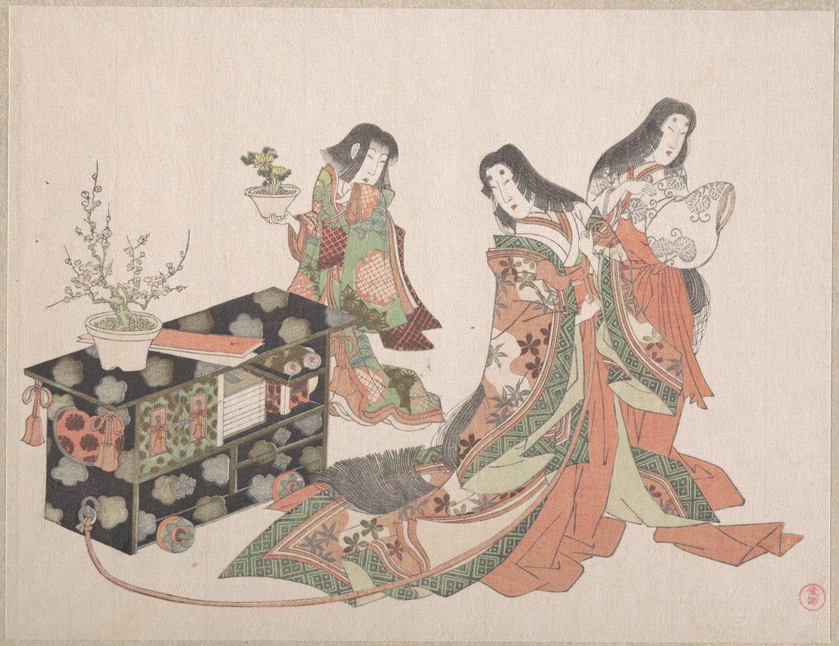 Court Ladies Dragging a Cabinet along the Floor by Kubo Shunman - Ukiyo-e canvas print
