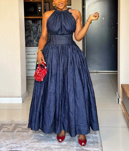 Dark Denim Halter Neck Corset Maxi Dress