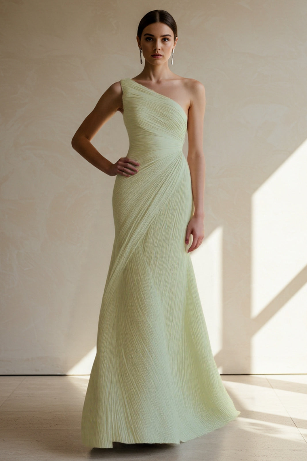 One Shoulder Pleated Maxi Dress Flowy Bodycon Gown Darted Waist Wedding Guest Dress