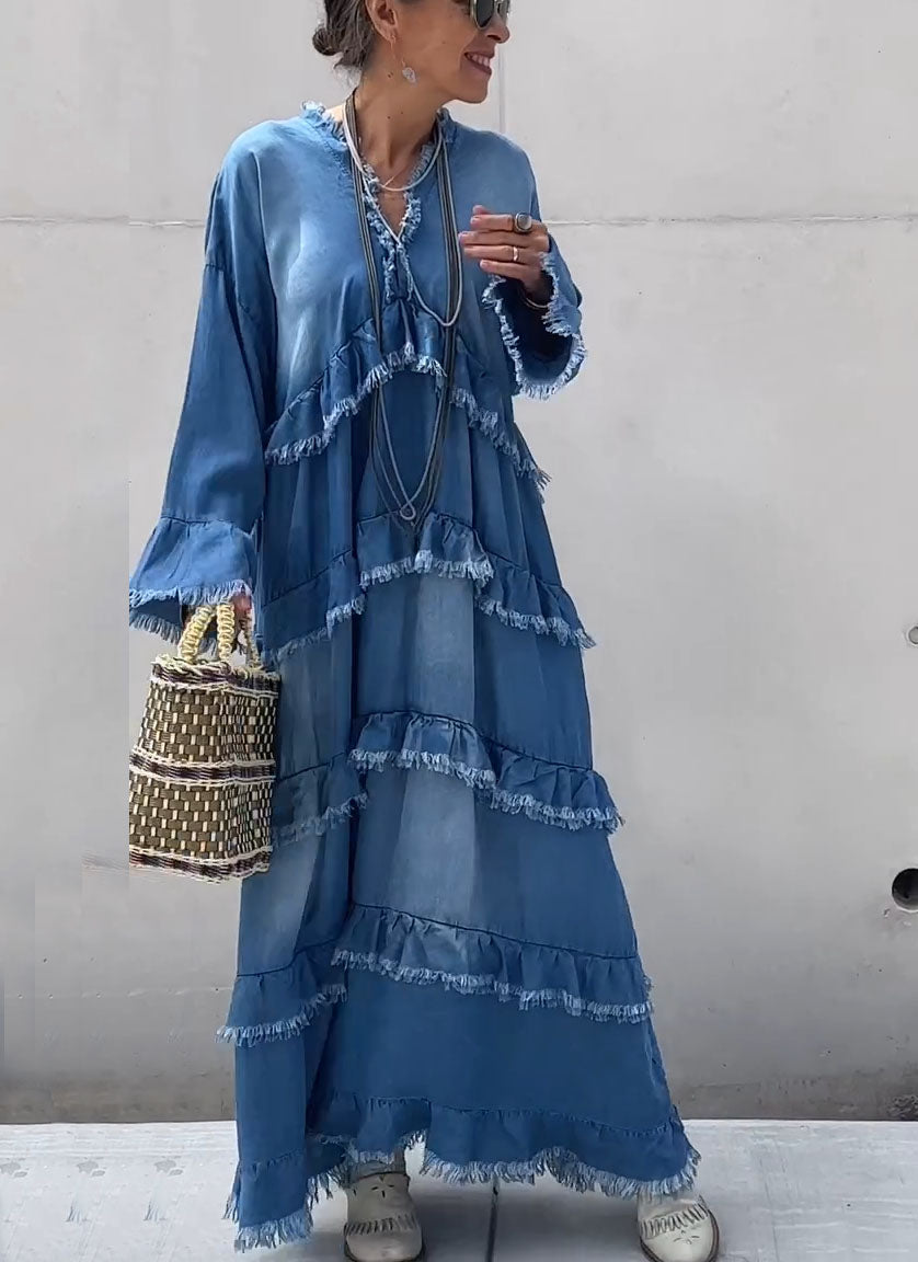 Oversized Tiered Ruffle Denim Maxi Dress with Fringe Details