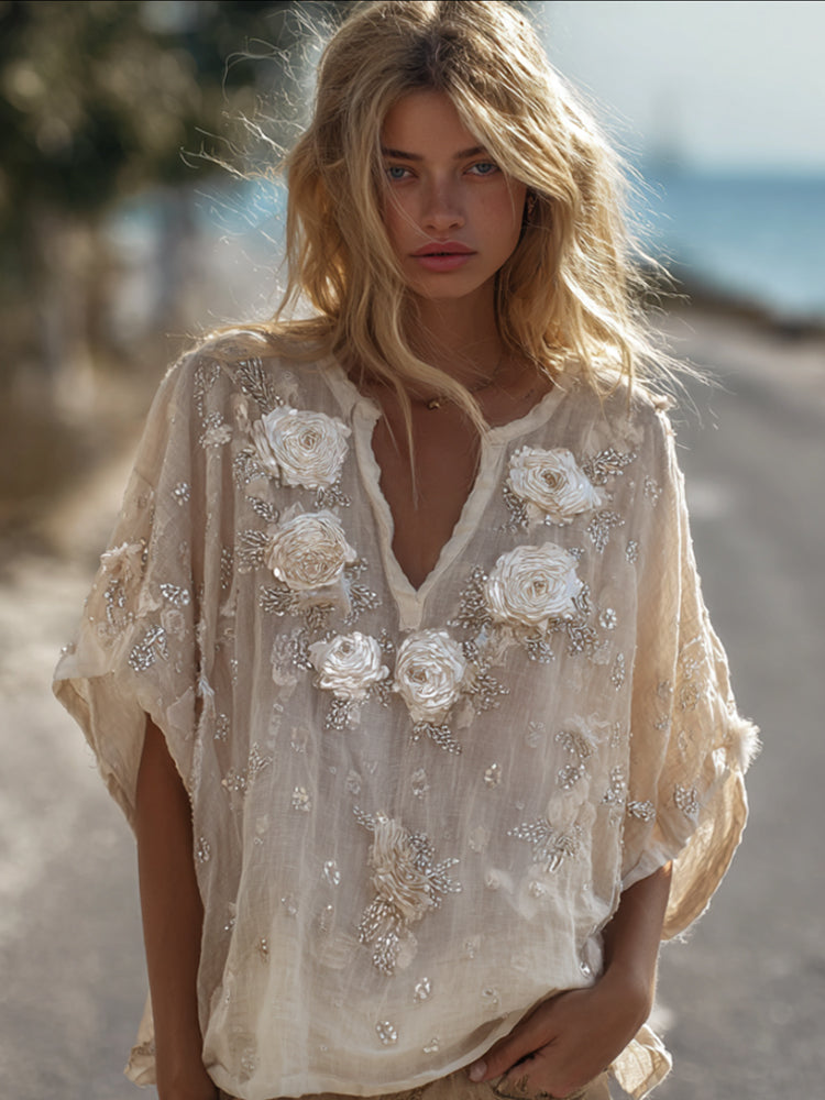 Bohemian Style White Rose V-neck Casual Short-sleeved Shirt