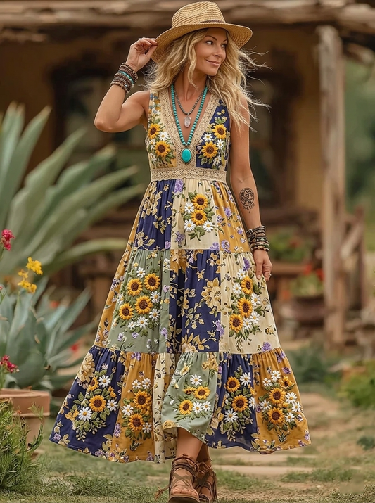 🌻 Women's Sunflower Patchwork Tiered Boho Maxi Dress