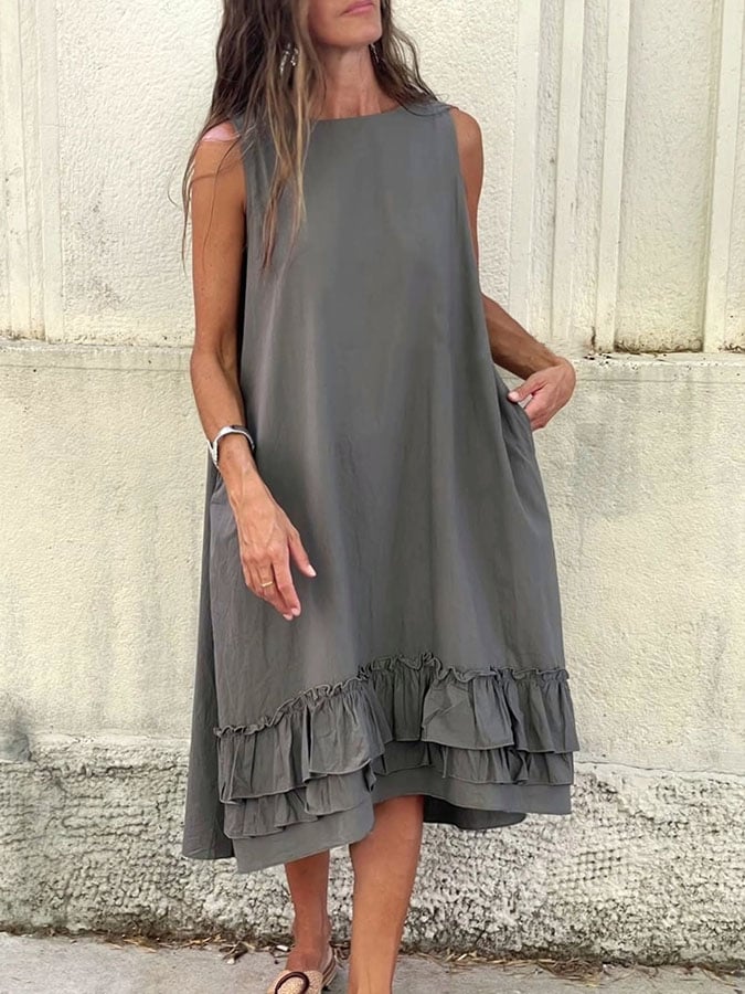 Women'S Casual Solid Color Stitching Ruffled Loose Dress