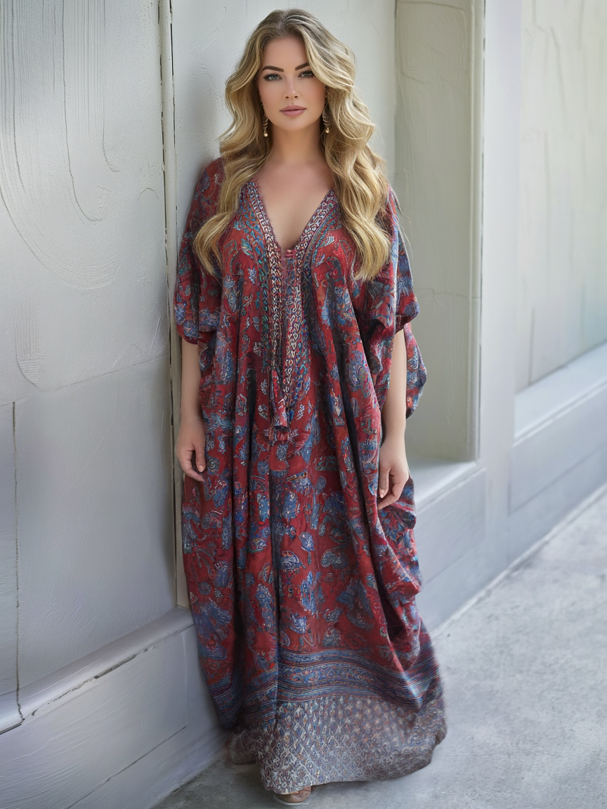 Contton & Linen Long Sleeve Kaftan Maxi Dress