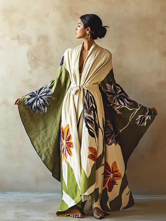 Women's Green Cineraria Print Kimono Linen Robe (Including Belt)