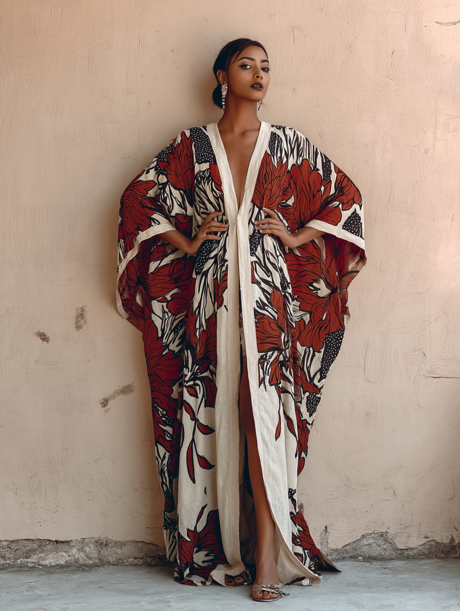 Women's Red Poppy Kimono Linen Robe