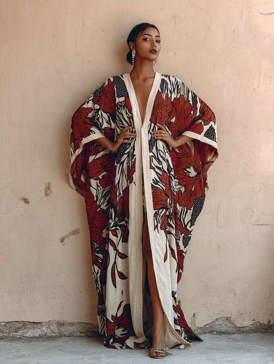 Women's Red Poppy Kimono Linen Robe