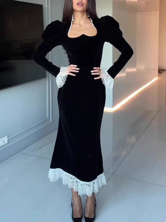 Velvet & Lace-Trimmed Maxi Dress