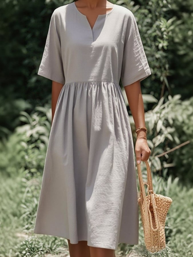 Women'S Casual Solid Color Cotton And Linen Short-Sleeved Dress