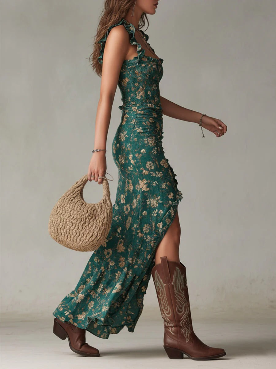 Retro Boho Maxi Dress with Flowing Sleeves and Side Slit