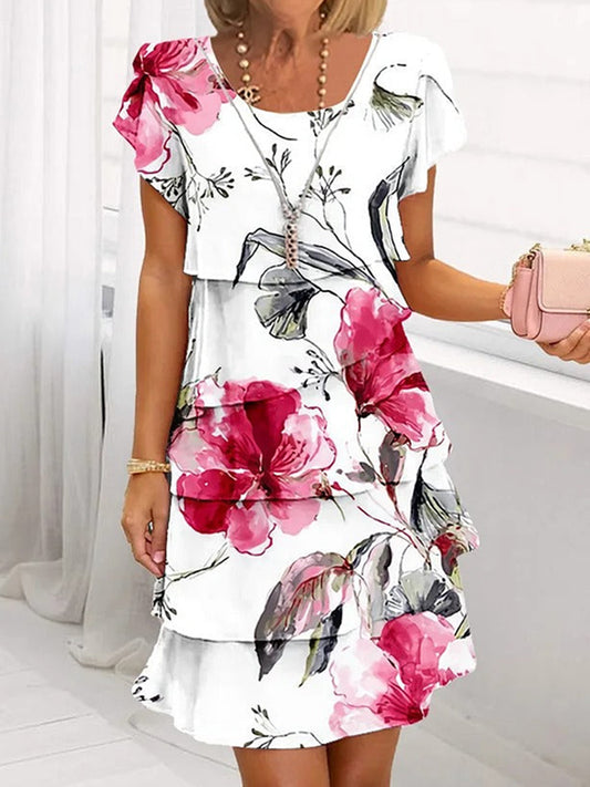 Floral Print Crew Neck Short Sleeve Multi Layered Midi Dress