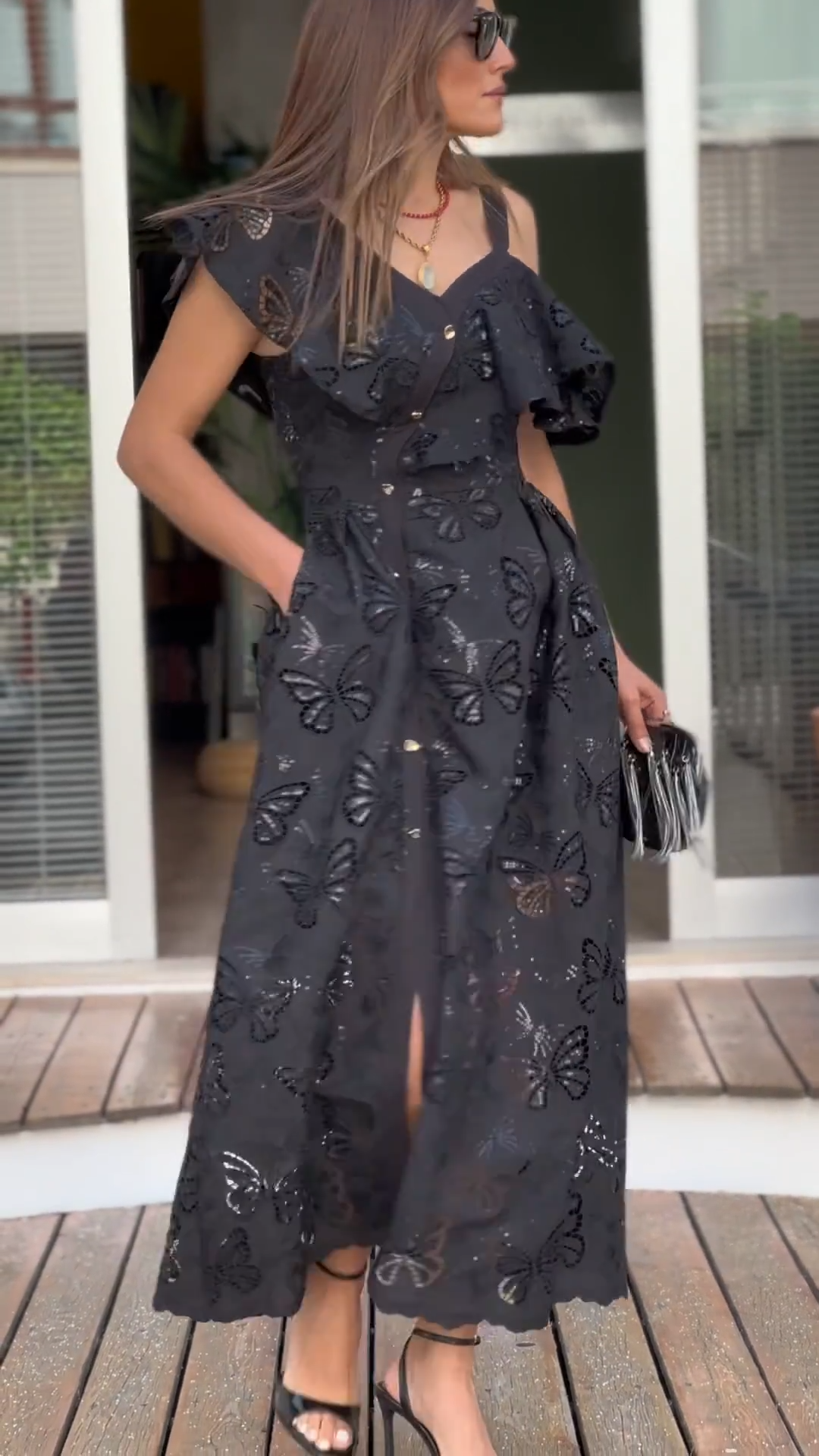 Black Butterfly Cutout Cold-Shoulder Midi Dress
