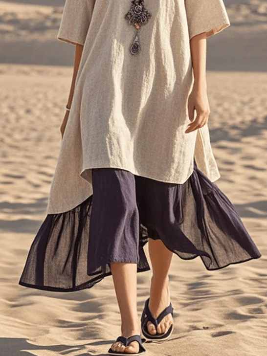 Women's V-Neck Contrast Color Cotton Vacation Dress
