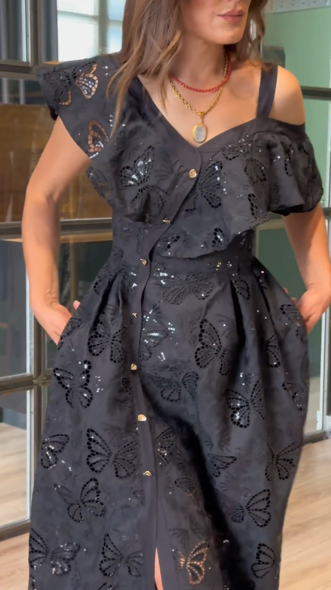 Black Butterfly Cutout Cold-Shoulder Midi Dress