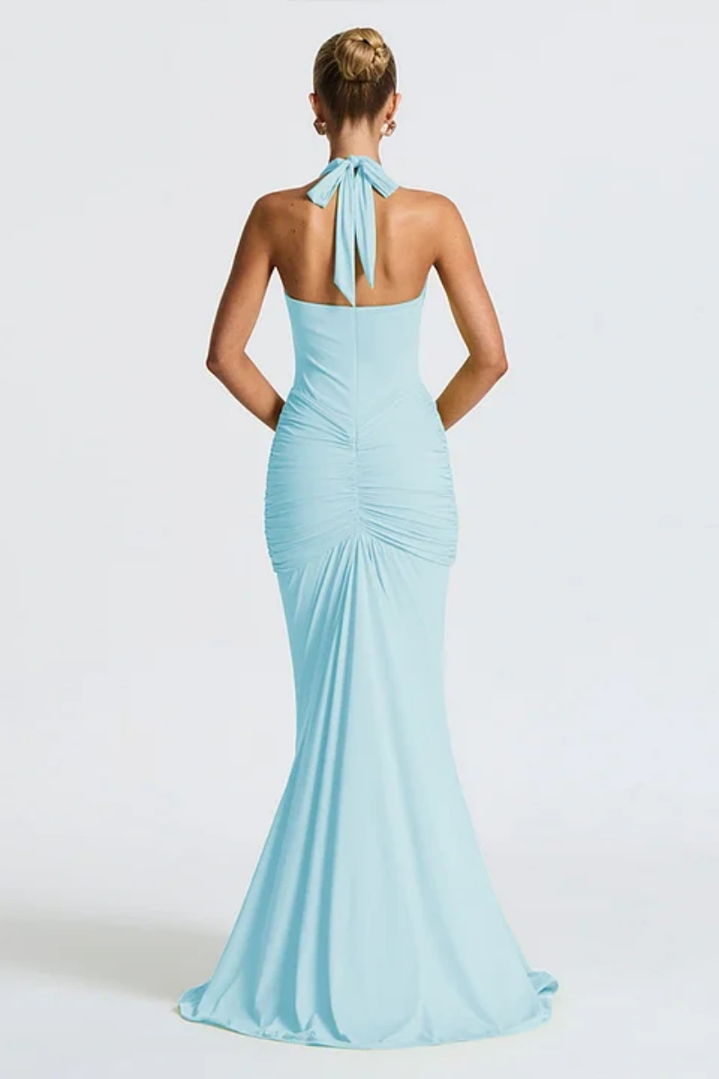 Solid Color Halterneck V-neck Open Back Tie Gathered Maxi Dress