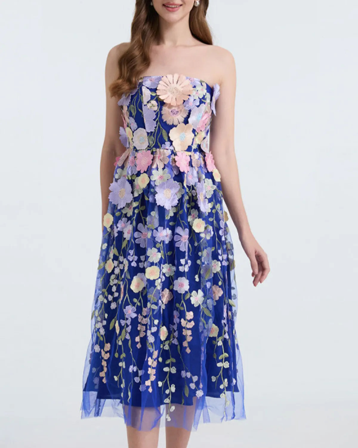 Embroidered 3D Applique Strapless Midi Dress