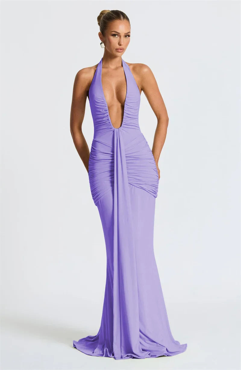 Solid Color Halterneck V-neck Open Back Tie Gathered Maxi Dress