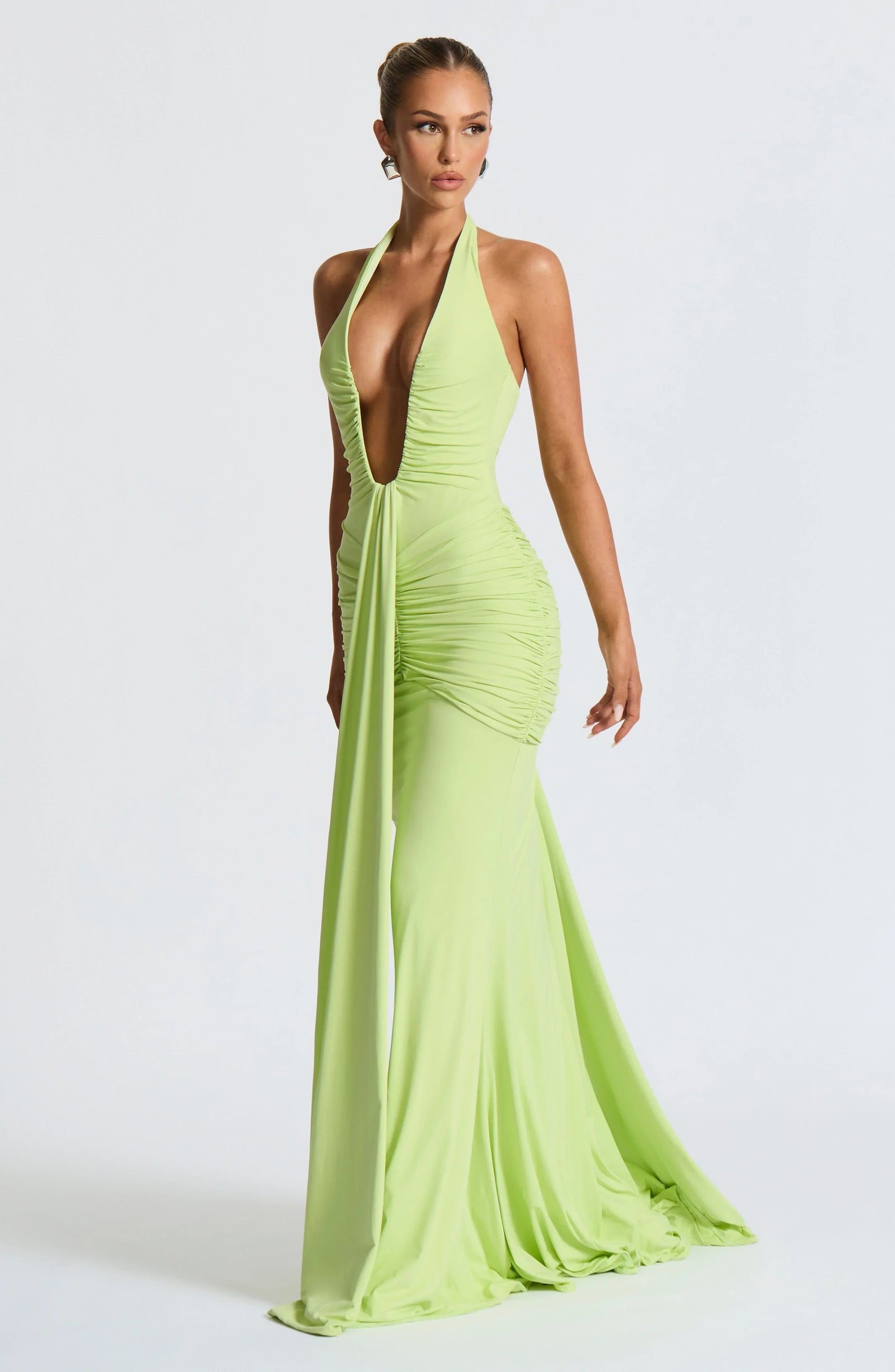 Solid Color Halterneck V-neck Open Back Tie Gathered Maxi Dress