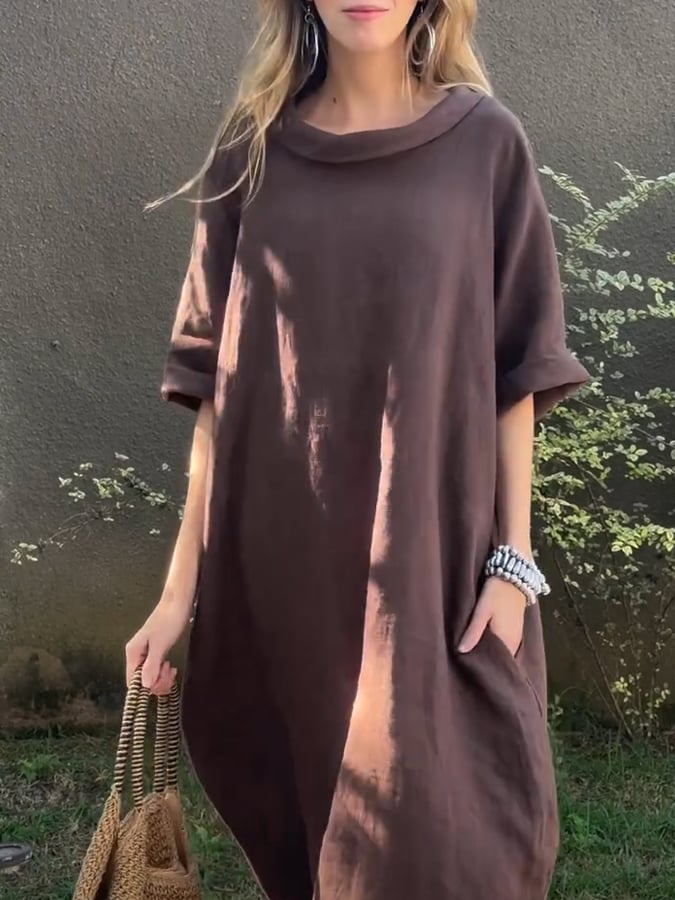 Women'S Casual Solid Color Round Neck Cotton And Linen Dress