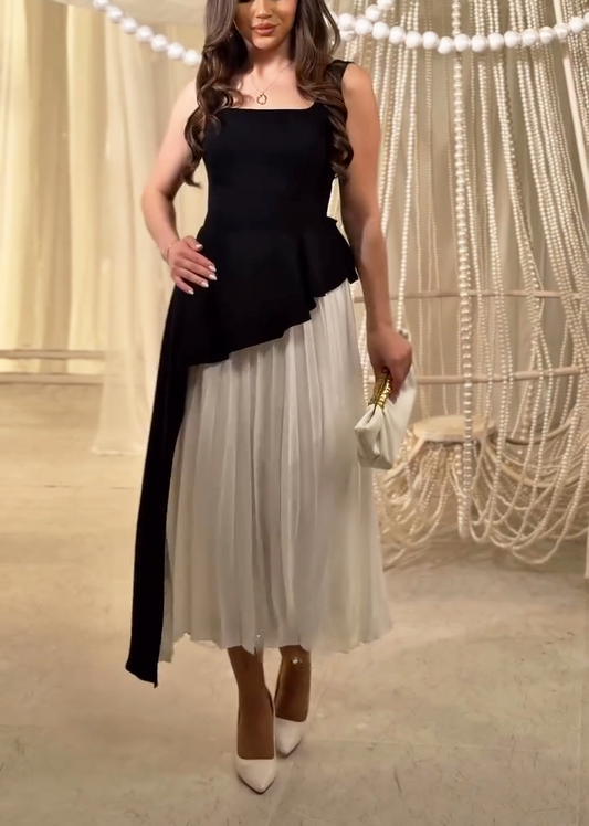 Black & White Asymmetric Peplum Pleated Midi Dress