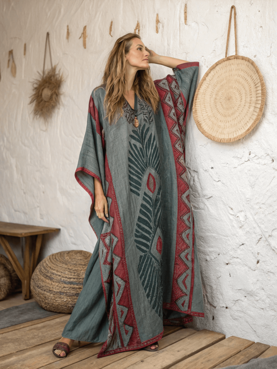 Linen Printed Kaftan Maxi Dress