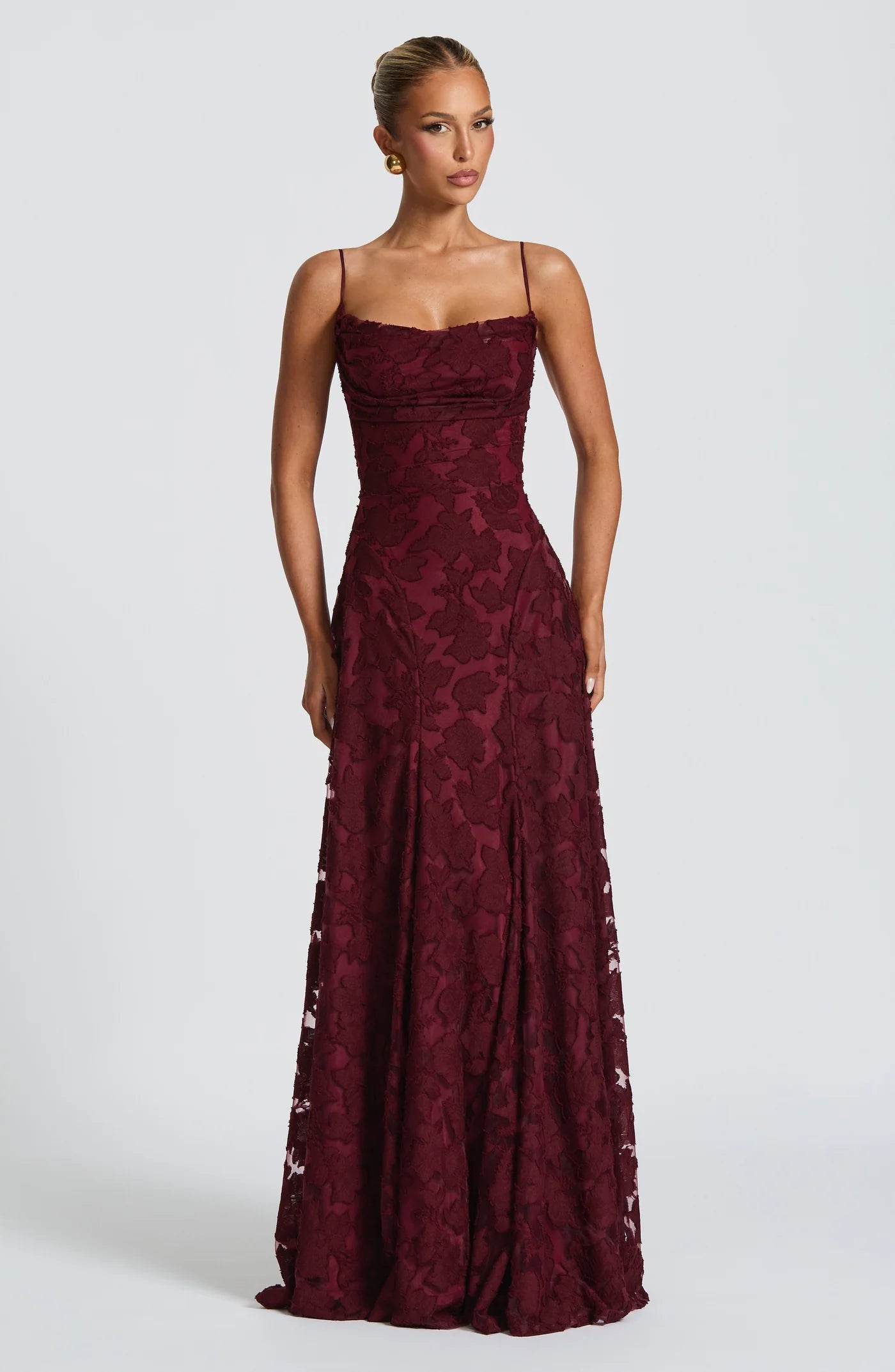 The Blooming Grace Gown – Burgundy Floral Lace Evening Dress