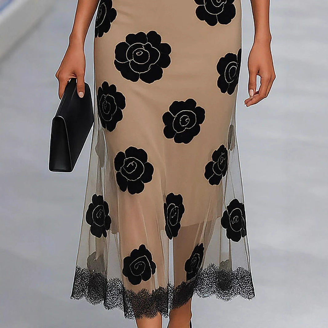 Elegant Off-Shoulder Top & Floral Lace-Hem Midi Skirt Set