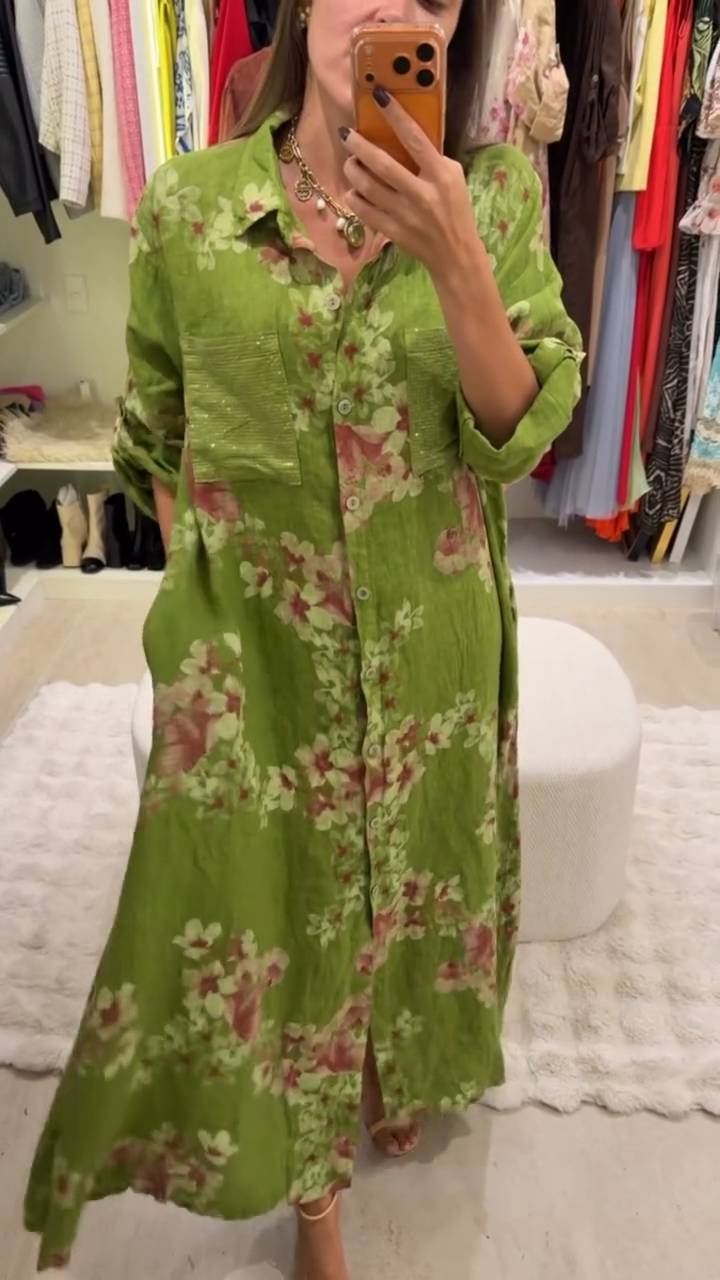 Green Floral Print Linen-Blend Shirt Maxi Dress