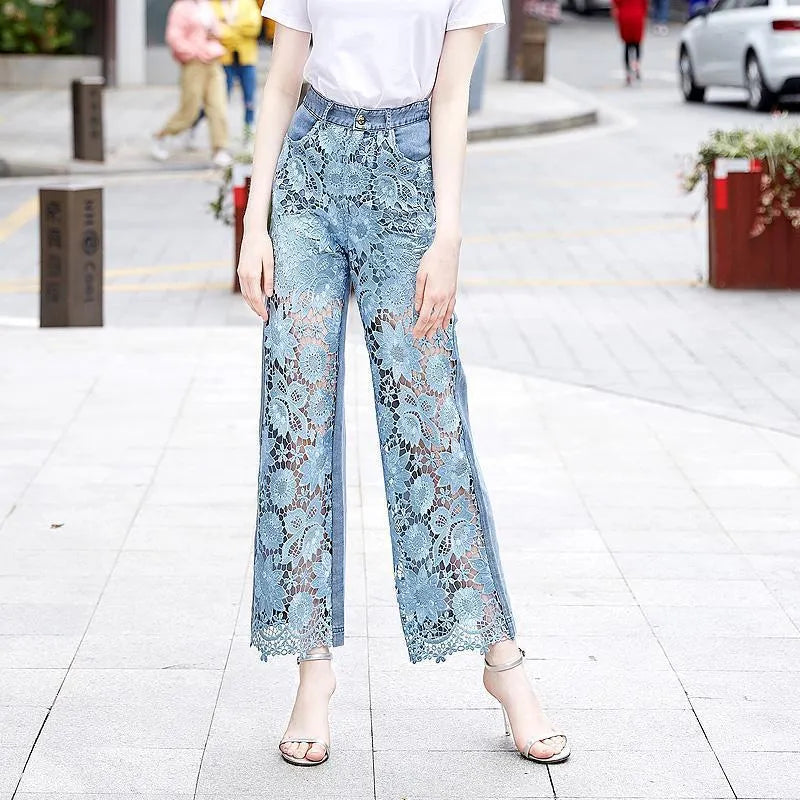 Lace-patched Straight-leg Jeans