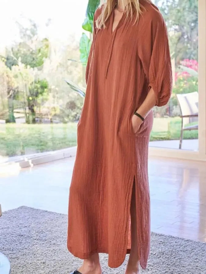 Ladies V-Neck Cotton And Linen Long Slit